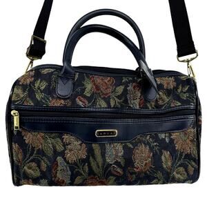 Vintage Jaguar Tapestry Floral Luggage Duffle Bag Crossbody Strap Leather Navy